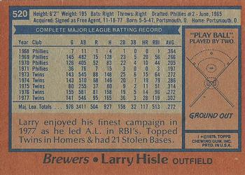 1978 Topps #520 Larry Hisle Back