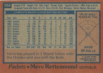 1978 Topps #566 Merv Rettenmund Back