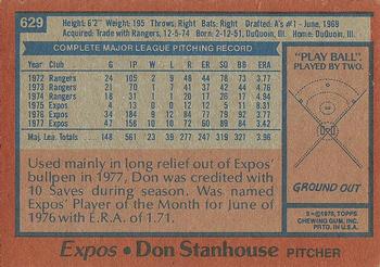 1978 Topps #629 Don Stanhouse Back