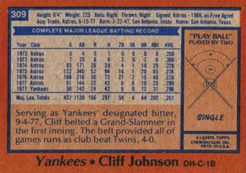 1978 Topps #309 Cliff Johnson Back