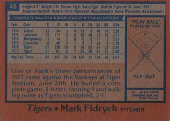 1978 Topps #45 Mark Fidrych Back