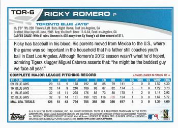 2013 Topps Toronto Blue Jays #TOR-6 Ricky Romero Back