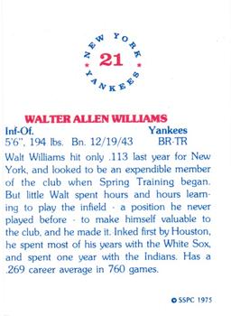 1975 SSPC New York Yankees #21 Walt Williams Back