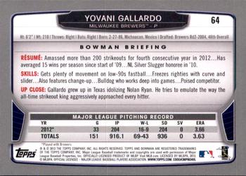 2013 Bowman - Gold #64 Yovani Gallardo Back