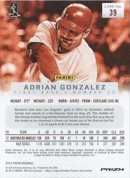 2012 Panini Prizm - Prizms #39 Adrian Gonzalez Back