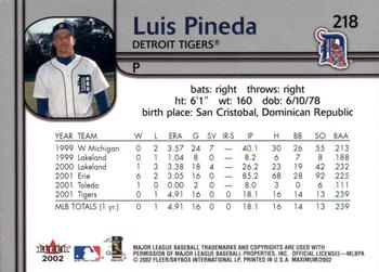 2002 Fleer Maximum #218 Luis Pineda Back