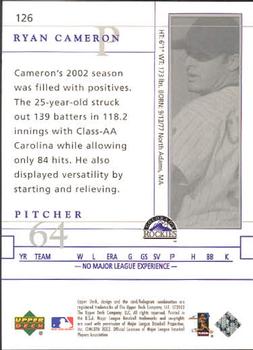 2003 Upper Deck Game Face #126 Ryan Cameron Back