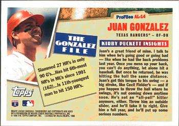 1996 Topps - Profiles by Kirby Puckett AL #AL-14 Juan Gonzalez Back