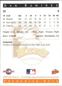 1993 Classic Best Frederick Keys #22 Dan Ramirez Back