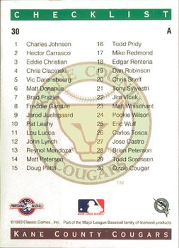1993 Classic Best Kane County Cougars #30 Ozzie Cougar Back