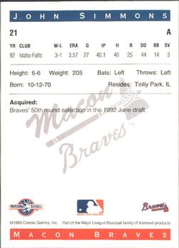 1993 Classic Best Macon Braves #21 John Simmons Back