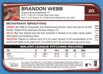 2008 Bowman - Blue #20 Brandon Webb Back