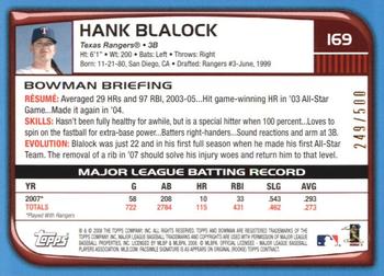 2008 Bowman - Blue #169 Hank Blalock Back
