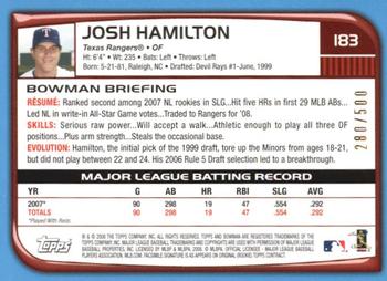 2008 Bowman - Blue #183 Josh Hamilton Back