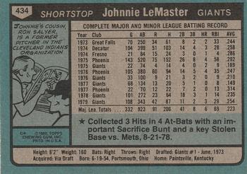 1980 Topps #434 Johnnie LeMaster Back