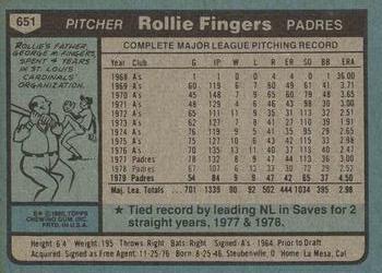 1980 Topps #651 Rollie Fingers Back