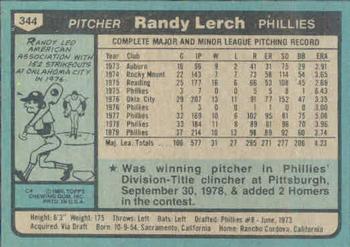 1980 Topps #344 Randy Lerch Back