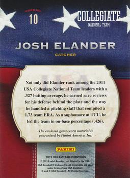 2013 Panini USA Baseball Champions - Game Gear Jerseys #10 Josh Elander Back