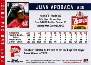 2010 Grandstand Portland Sea Dogs #NNO Juan Apodaca Back