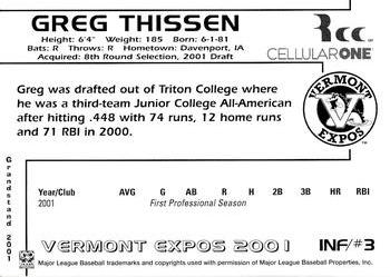 2001 Grandstand Vermont Expos #NNO Greg Thissen Back
