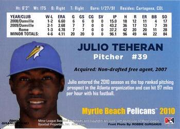 2010 Grandstand Myrtle Beach Pelicans #NNO Julio Teheran Back