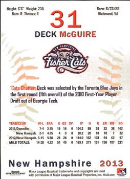 2013 Grandstand New Hampshire Fisher Cats #14 Deck McGuire Back