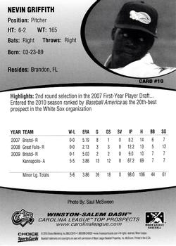2010 Choice Carolina League Top Prospect 30 #10 Nevin Griffith Back