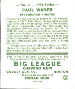 1985 Galasso 1934 Goudey (reprint) #11 Paul Waner Back