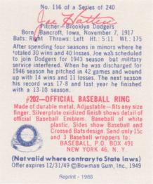 1988 1949 Bowman Reprint #116 Joe Hatten Back