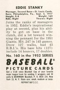 1987 Card Collectors 1952 Bowman Reprint #160 Eddie Stanky Back