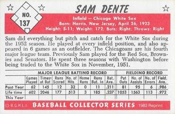1983 Card Collectors 1953 Bowman Color Reprint #137 Sam Dente Back