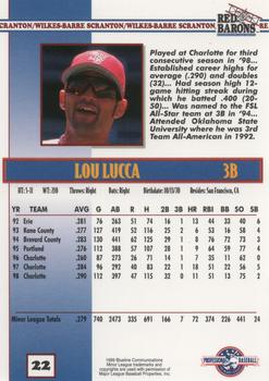 1999 Blueline Scranton/Wilkes-Barre Red Barons #22 Lou Lucca Back