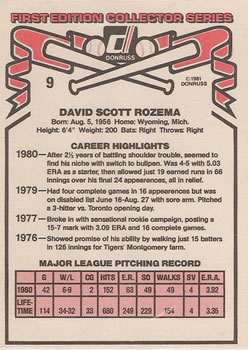 1981 Donruss #9 Dave Rozema Back