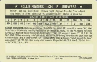 1983 Perma-Graphics Super Stars Credit Cards #23 Rollie Fingers Back