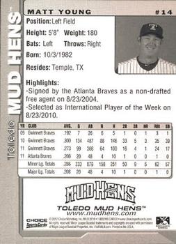 2012 Choice Toledo Mud Hens #14 Matt Young Back