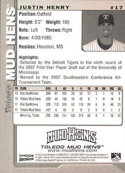 2012 Choice Toledo Mud Hens #17 Justin Henry Back