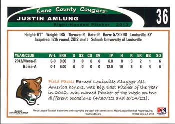 2013 Grandstand Kane County Cougars #4 Justin Amlung Back
