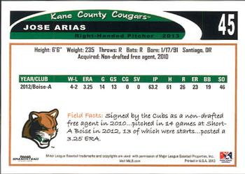 2013 Grandstand Kane County Cougars #6 Jose Arias Back