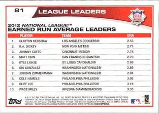 2013 Topps Mini #81 2012 NL Earned Run Average Leaders (Clayton Kershaw / R.A. Dickey / Johnny Cueto) Back