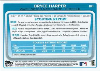 2013 Bowman - Blue Sapphire Refractor Rookie Reprints #BP1 Bryce Harper Back