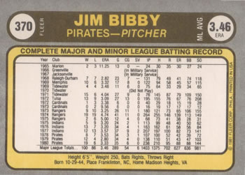 1981 Fleer #370 Jim Bibby Back