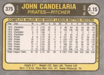 1981 Fleer #375 John Candelaria Back