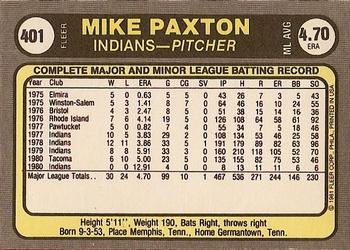1981 Fleer #401 Mike Paxton Back