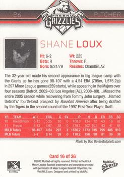 2012 MultiAd Fresno Grizzlies #16 Shane Loux Back