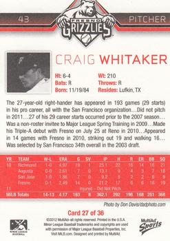 2012 MultiAd Fresno Grizzlies #27 Craig Whitaker Back