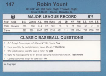 1990 Classic Blue #147 Robin Yount Back
