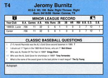 1991 Classic I #T4 Jeromy Burnitz Back