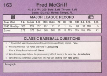 1991 Classic #163 Fred McGriff Back