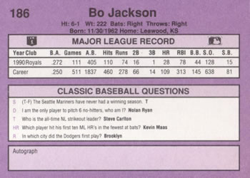 1991 Classic #186 Bo Jackson Back