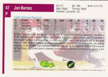 1991 Classic Draft Picks #47 Jon Barnes Back